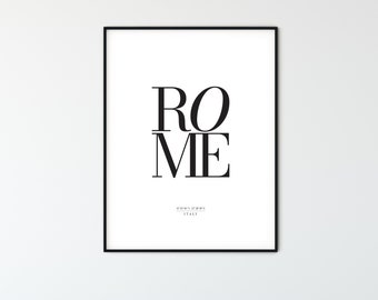 ROME City Name Typography Poster with Map Coordinates, Minimalist Printable Wall Art, Aesthetic Room Decor for Digital Download