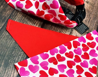 Red Hearts, Valentines Day Fog Bandana, Dog Apparel. Valentines Day Gift, Dog Accessories, Over The Collar Dog Bandana