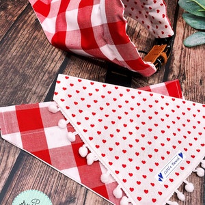 Red Plaid Over the Collar Dog Bandana, Valentines Day Dog Bandana, Bandana with Pom Poms, Reversible Dog Bandana, Cute Dog Apparel