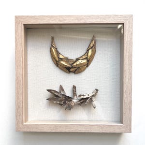 Framed French Antique Architectural Fragments 18th Century / Gilt and Painted Carved Wood in Linen Shadowbox Frame