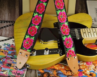 Floral Roses Guitar Strap: Vintage Style with Leather Ends
