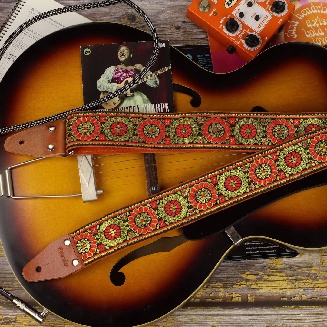 Orange Guitar Strap With Gold Flowers Retro Style Etsy