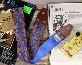 Blue Guitar Strap, Hippie Replica from the 60s, For Electric, Acoustic and Bass Guitar