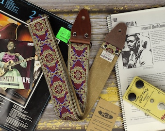 Vintage Red Wine & Cream Guitar Strap – Handmade, Adjustable, Retro Hippie Style
