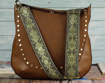 Guitar Purse Strap, Handbag Strap Interchangeable, with Green and gold colors and ethnic pattern