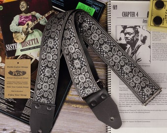 Black Guitar Strap with Spirals, Hippie Strap for guitar and bass, Replica from the Sixties