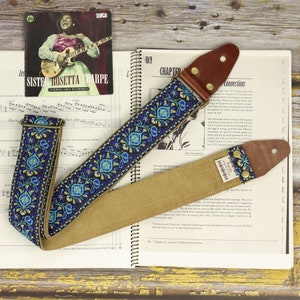Blue Embroidered Jacquard Guitar Strap - Hippie Style inspired in the &#39;60s