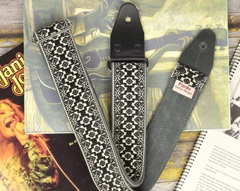 Guitar Strap Embroidered Black and white, Geometric and native pattern, Hippie Style