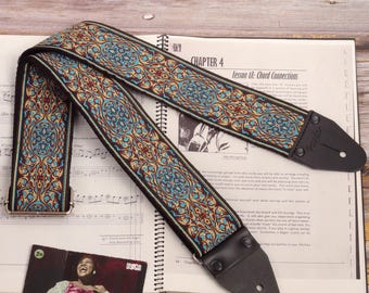 Blått hippie-gitarrband: Handgjort boho-jacquard, extra brett 6,5 cm