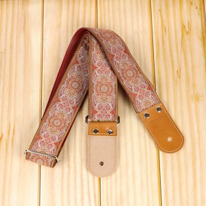 Handmade Hippie Guitar Strap: Red-Orange Woven Fabric, Leather Ends