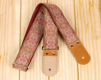 Handmade Hippie Guitar Strap: Red-Orange Woven Fabric, Leather Ends