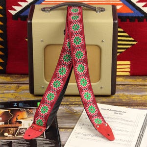 Red-Green Floral Guitar Strap – Vintage-Inspired, Handmade & Customizable