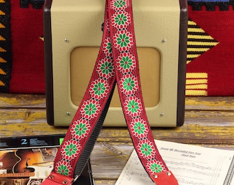 Roodgroene gitaarband met bloemen - vintage geïnspireerd, handgemaakt en aanpasbaar