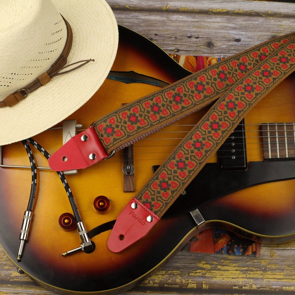 Guitar Strap embroidered with red and brown colors, Retro Straps for guitar and bass