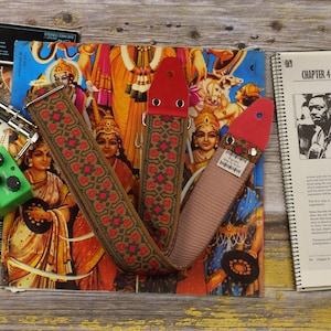 Embroidered Guitar Strap: Red & Brown Hippie Woven Fabric, Leather Ends