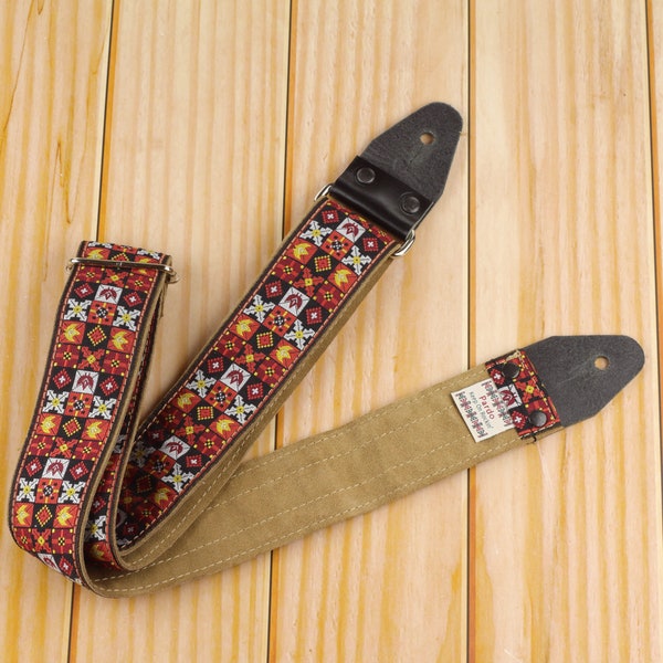 Pardo Guitar Strap Gitarrengurt modell Woodstock, Mit Rot Ethnische figuren Hippie Replik 60s Hendrix