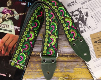 Green Guitar Strap woven jacquard fabric with Hippie style  from the Sixties