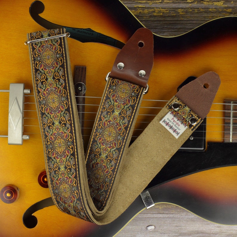 Guitar strap Handmade Hippie Psychedelic Strap with Vintage Style Clear Brown Suede