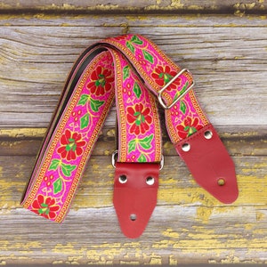 Floral guitar strap with pink flowers and leaves hippie strap inspired in the Sixties