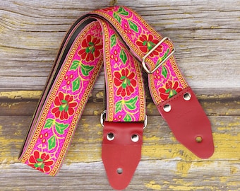 Vintage-Style Pink Floral Guitar Strap – Handmade & Customizable