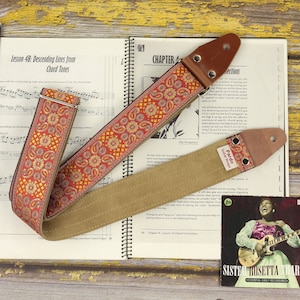 Hippie Guitar Strap with Red Orange Psychedelic Spirals, Vintage Vibe from the 60s
