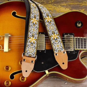 Artisan Guitar Strap: Gold Stars Hippie Style, Leather Ends