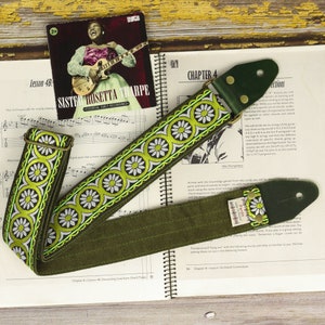 Floral Woven Guitar Strap: Green Jacquard Fabric, Suede Backing