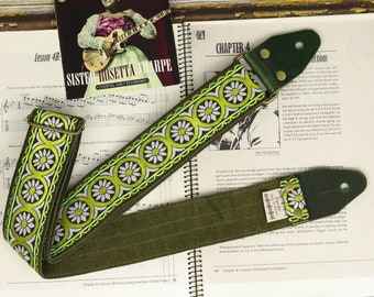 Green Guitar Strap Floral Woven Fabric Strap with Backing Suede Premium Quality