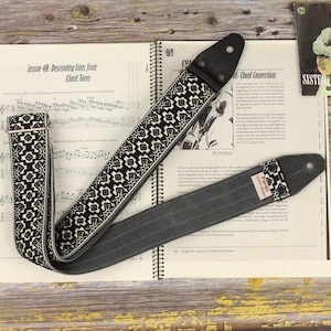 Guitar Strap Embroidered Black and white, Geometric and native pattern