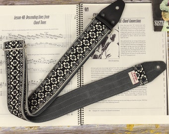 Guitar Strap Embroidered Black and white, Geometric and native pattern