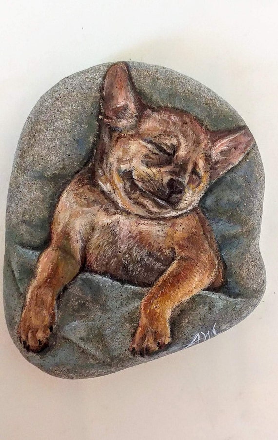 Sleeping Dog Hand Painted Stone Original Dog Painted Stone Etsy