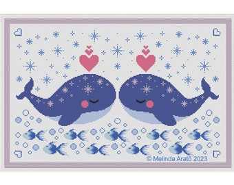 Whales in Love pillow case cross stitch pattern