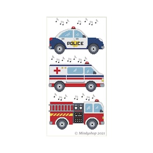 Lot of 3 Vehicle Kids, Nursery, Police Car, Ambulance, Fire Truck Cross Stitch Pattern.