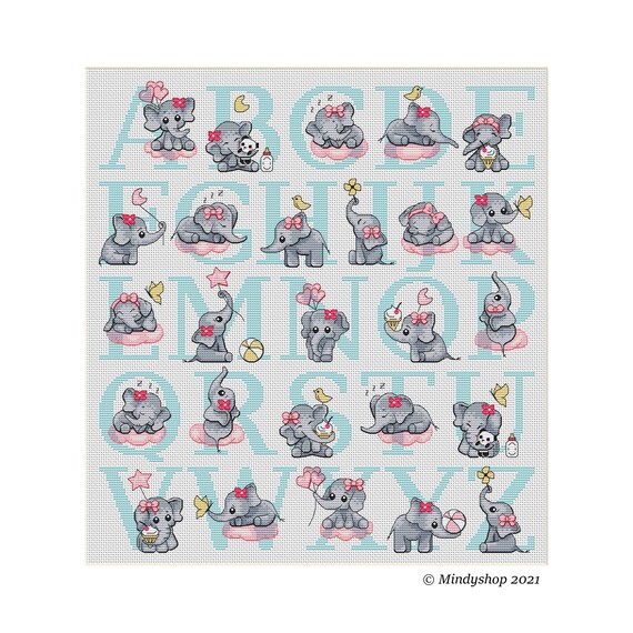 Baby Elephant Alphabet Cross Stitch Design Nursery Decoration Etsy