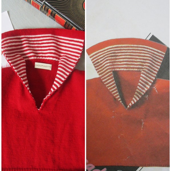 Pull marin, rouge et blanc, manches au coude , pour 3 à 4 ans année 1950