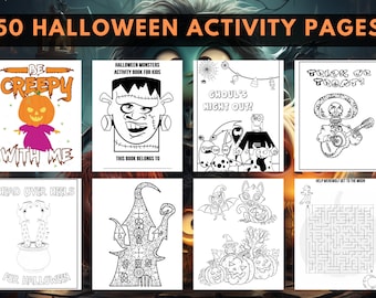 Peut inclure: Un ensemble de 50 pages d'activités d'Halloween avec des illustrations en noir et blanc. Les motifs incluent un personnage citrouille, Frankenstein, une fête de goules, un squelette musicien, un chaudron, une maison hantée et un labyrinthe.