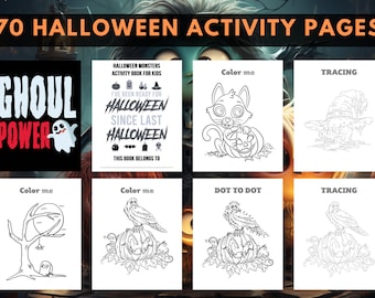 May include: A collection of Halloween-themed activity pages. The image includes coloring pages, tracing activities, and dot-to-dot puzzles. Text includes "Ghoul Power" and "Halloween Monsters Activity Book for Kids".