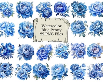 Watercolor Blue Peonies Clip Art, peony flower embellishments, blue floral commercial use bundle PNG transparent background digital download