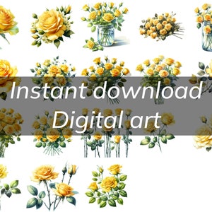 Könnte beinhalten: Eine Sammlung von 12 digitalen Illustrationen von gelben Rosen. Die Rosen befinden sich in verschiedenen Blühstadien und sind in Sträußen, einzelnen Stielen und in Vasen angeordnet. Die Illustrationen sind im Aquarellstil gehalten und haben einen Vintage-Charakter.
