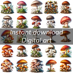 May include: A collection of 20 digital illustrations of red and white mushrooms with various designs. The mushrooms are depicted in a cartoon style with different shapes and sizes. Some mushrooms have spots, others have stripes, and some have a more realistic appearance. The illustrations are perfect for use in digital projects, such as websites, social media, and printed materials.