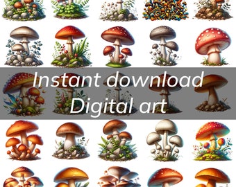 Fantasy mushroom cluster clipart - cute forest and woods nature toadstool toad stool clip art PNG commercial use format instant download