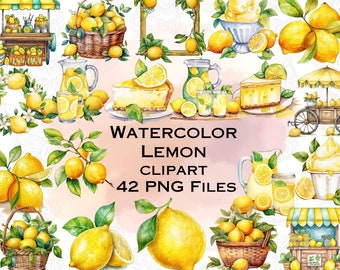 Peut inclure: Ensemble de 42 fichiers PNG de clipart aquarelle représentant des citrons, de la limonade, des barres au citron et d'autres illustrations sur le thème du citron. Les illustrations sont dans un style lumineux et joyeux et sont parfaites pour ajouter une touche d'été à vos créations.