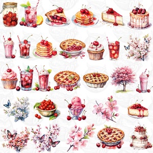 Watercolor Cherries Cherry fruit pie cheesecake, cute clipart cherry tree blossom bowl bundle, Sublimate Designs,Digital Download, Red Color