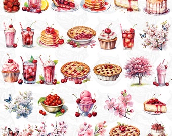 Watercolor Cherries Cherry fruit pie cheesecake, cute clipart cherry tree blossom bowl bundle, Sublimate Designs,Digital Download, Red Color