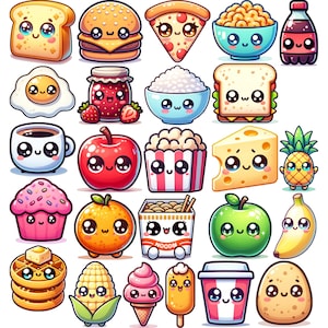 75 PNG Kawaii cliparts de nourriture mignons autocollants kawaii imprimables de sublimation boissons dessert sucré cupcake pizza café lot de conception usage commercial