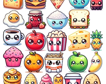75 PNG Kawaii food clipart cute printable sublimation kawaii stickers drinks sweet dessert cupcake pizza coffee design bundle commercial use