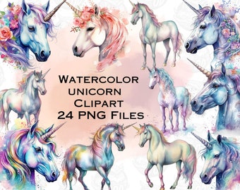 May include: A set of 24 watercolor unicorn clipart images. The unicorns are in various poses and colors, with a pink, blue, and purple color scheme. The images are perfect for digital scrapbooking, card making, and other craft projects.