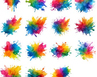 15 Watercolor Color Splash Clipart PNG, Rainbow Paint Splatter, Multicolor Alcohol Ink, Abstract Art, PNG, Commercial Use, Instant Download