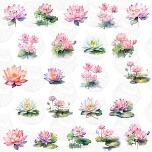 Watercolor Lotus Flower Botanical Clipart cute lily pad pond landscape Bundle, Sublimate Designs,Digital Download, Pink White Pastel Color