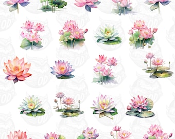 Aquarell-Lotusblumen-Cliparts, niedliche Seerosenblatt-Teichlandschaft, Sublimationsdruck, digitaler Download, rosa-weiße Pastellfarben